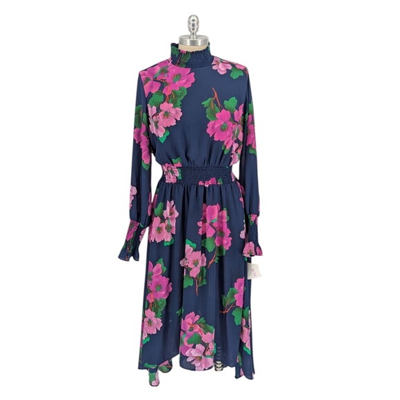 01581 Nanette Lepore Floral Blouson Dress Navy Blue Purple size 6 bohemian party - Picture 1 of 6